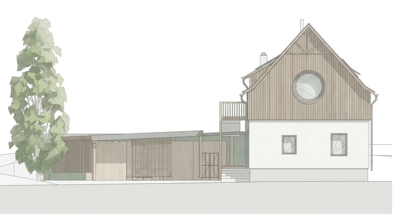 Ansicht des Entwurfs: Bestandsgebäude mit Holzgiebel und Rundfenster, links der niedrige Zubau mit Lattung und Veranda.